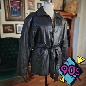 Vintage 90s Lucky Leather Co Womens Black Leather Belted Moto Jacket Size L
